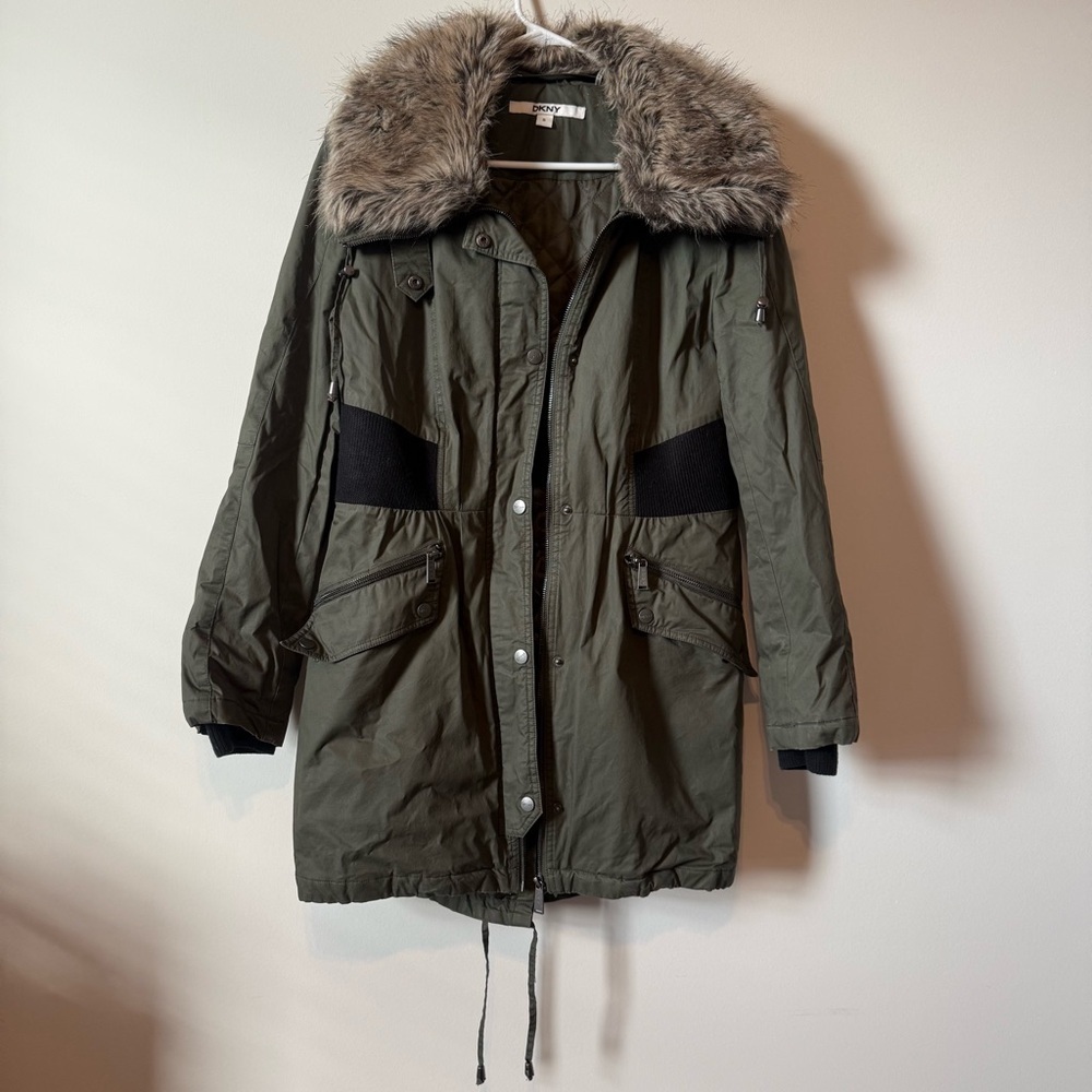 DKNY Olive Cabincore Eclectic Grandpa Quilted Warm Faux Fur Women’s Jacket